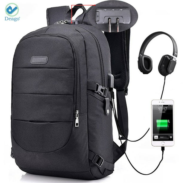 Men Large Capacity Solid Color Laptop Backpack Sling Bag Business Rucksack with USB Charging Port 